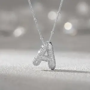 Initial Letter Monogram Necklaces for Women Girls, A-Z 26 Letters Pave Cubic Zirconia Bubble Pendant, 18K Gold & White K Plated Solid Copper 28.4g, 44-52cm Adjustable Chain, Hypoallergenic Stack Layering Dainty Jewelry Gifts for Her Him Birthday