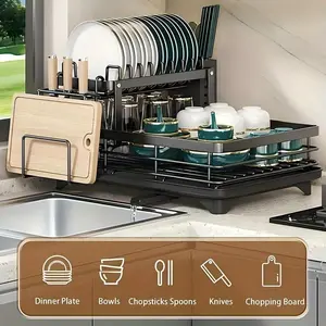 Level Dish Drying Rack for Kitchen Countertops, Featuring a Drainboard And Mat, Along with a Holder for Knives, Forks, And Cups. Perfect Gifts for Women, Especially for Mother'S Day, And Great Kitchen Gadgets
