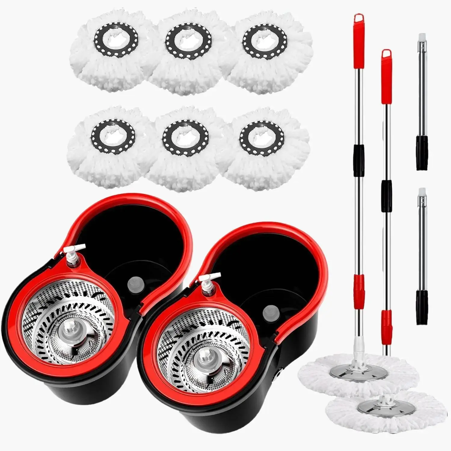 Microfiber Spin and Mop Bucket Set - Floor Cleaning System with 6 Replacement Mop Heads & 2 Buckets, Red Black Standard Quick Dry Quick Clean
