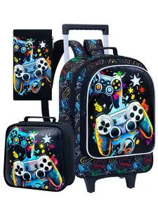 3PCS Boys Rolling Backpack, Cute Game Wheeled Bookbag Roller School Bag with Wheels for Elementary Preschool Travel