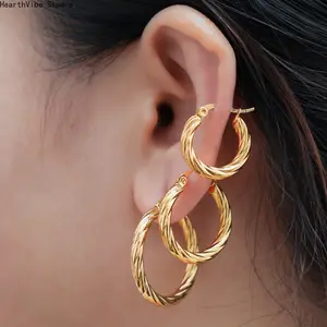Women's 3-Pair Non-Tarnish Gold-Plated Stainless Steel Vintage Twisted Stackable Hoop Earrings, Trendy Statement Gold Earrings with Twist Ear Buckle, Womens Gifts for Sports & Outdoor Accessories, Party Occasions