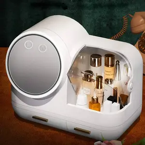 Cosmetic Makeup Organizer Storage Box with Drawers and Brush Dustproof (LED mirror+Fan)