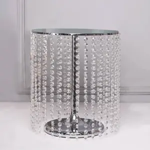 Metal Cake Stand Round Design 14" Dia Metallic Silver with Crystal Chains 16" Tall - Cupcake Dessert Pedestal