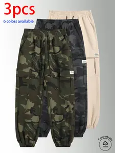 3-pack men’s long pants: men’s camouflage cargo jogger pants, loose slim fit multi-pocket casual pants with elastic drawstring design, available in multiple colors, suitable for everyday wear, holiday travel, and outdoor hiking.