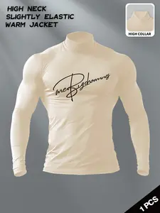 Men's High Neck Compression Thermal Top - Slim Fit Slightly Elastic Base Layer with Script Graphic, Warm Long Sleeve Shirt for Gym, Running, Outdoor Activities & Daily Wear, Versatile Athletic Undershirt for Fitness Enthusiasts & Comfort Seekers
