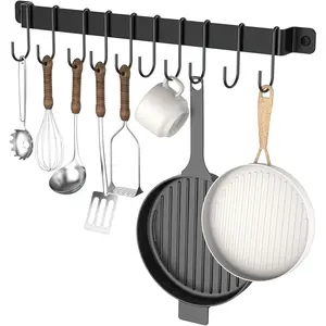 Wall Mounted Kitchen Hanger with 10 Hooks Wrought Iron Kitchen Rail Utensil Holder Rack for Hanging Pots Pans Coffee Mug Black 17" 1 Pcs