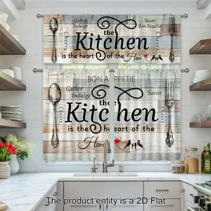 2pcs - Polyester - Teal Turquoise Kitchen Curtain Valance Set Rustic Wood Board Country Fork And Spoon Vintage Wood Modern Office Living Room Bedroom Dining Room Home Decor