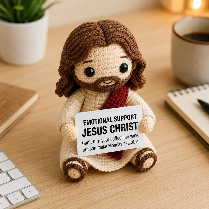 (PRE-ORDER) Emotional Support Jesus Christ Crochet Doll – Handmade 4-Inch Inspirational Plush Gift, Funny Desk Companion, Soft Knitted Christian Keepsake for Home, Office & Unique Gift Giving