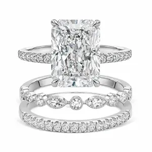 3-piece silver radiant cut wedding ring set for women, square cubic zirconia bridal rings, sparkling luxury engagement and promise rings, exquisite trendy jewelry ideal as gifts