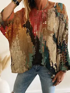 Women's Knitted Long Sleeve Top, Casual Elegant Commuter Wear, Gradient Tie-Dye Print, Batwing Shoulder Design, All Seasons, Knitwear