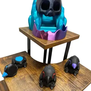 3D Skull Dice Tower and Crows - Blue and Purple Colorful Design with Three Crow Figurines