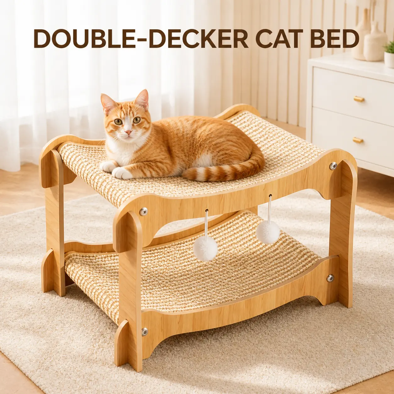 Multi-Functional Wooden Double Decker Cat Sofa Bed - Natural Wood Frame, 2 Woven Sisal Lounging Levels, Hanging Balls, Elevated Space, Soft Bedding, Ramp for Scratch Rest, Ideal for Multi-Pet Homes