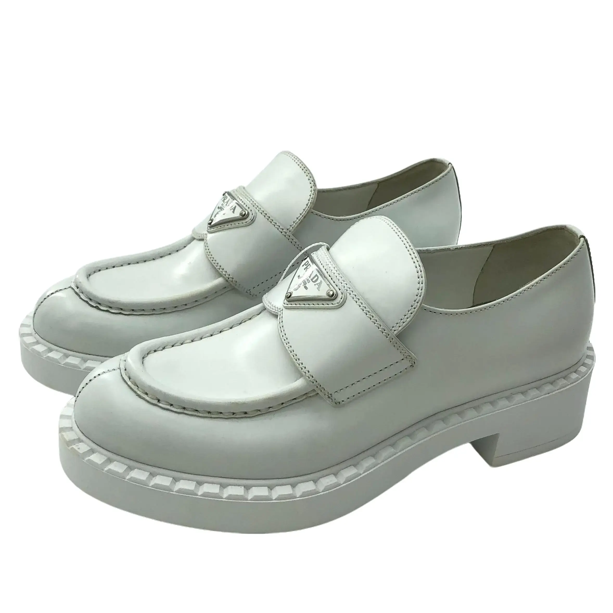 RDLT-Prada Size 36.5 Chocolate White Triangle Logo Flat Loafers-H38414
