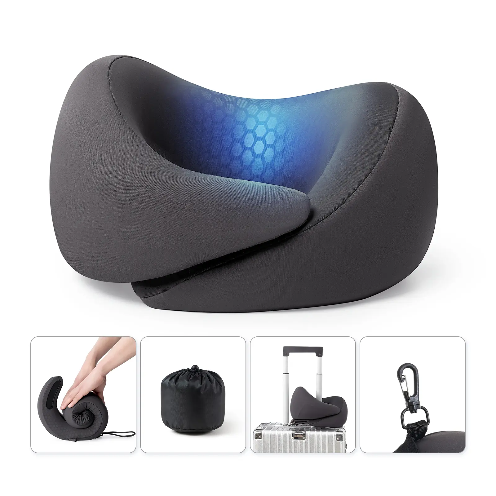 Dream Valley Cooling Travel Pillow, Neck Pillow, Memory Foam Travel Pillow for Airplane, Portable Roll-Up Neck Pillow with Cooling Inner Fabric, 360° Ergonomic Support, No Head Bobbing, Charcoal Gray