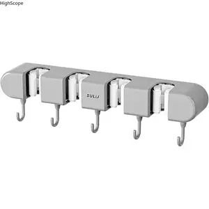 Multifunctional Mop Holder with Hook, Broom Mop Holder with 4 Racks 5 Hooks, Heavy Duty Mop Holder, Self Adhesive Mop Holder Wall Mounted, Broom Holder Wall Mount for Kitchen, Bathroom, Closet