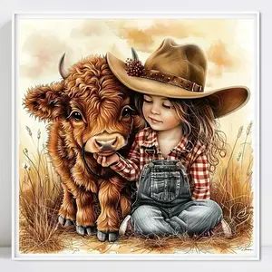 Cowboy Girl 5D DIY Diamond Painting Kit Needle Crafts Kit Little Cow Round Diamond Embroidery Animal Wheat Field Rhinestone ArtificialWall Decor Gift Diy Set