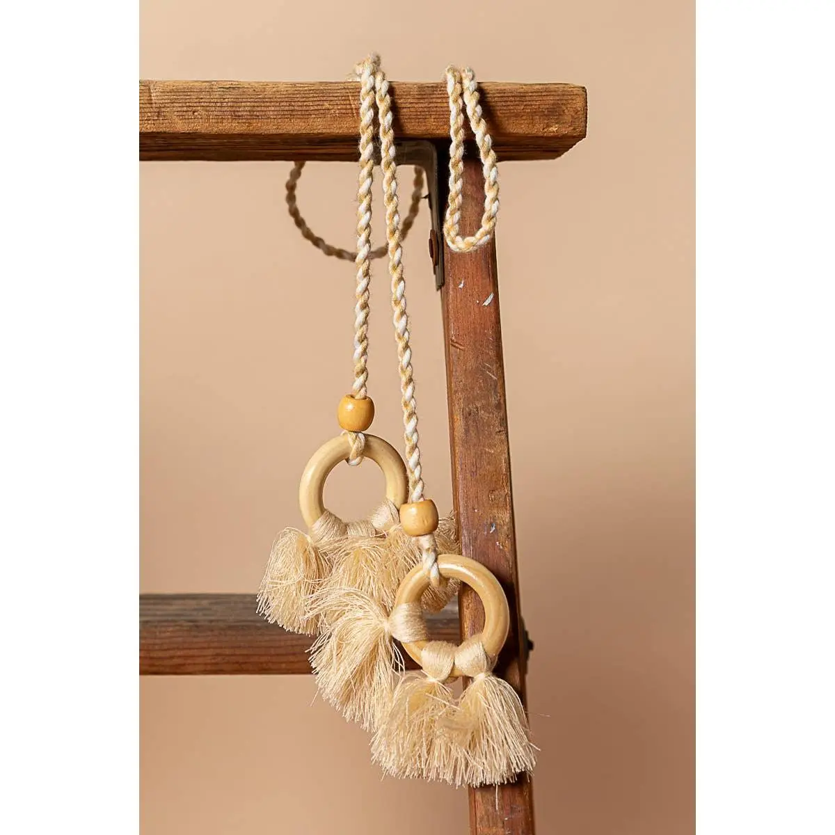 Wrapped wooden ring tassel braided string belt