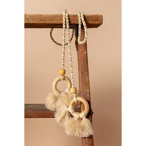 Wrapped wooden ring tassel braided string belt