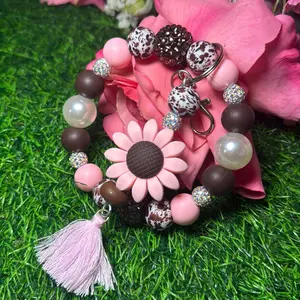 Western Bloom 2 in 1 wristlet/straight keychain color scheme light, pink, chocolate, cowhide print and bling beads made with wire