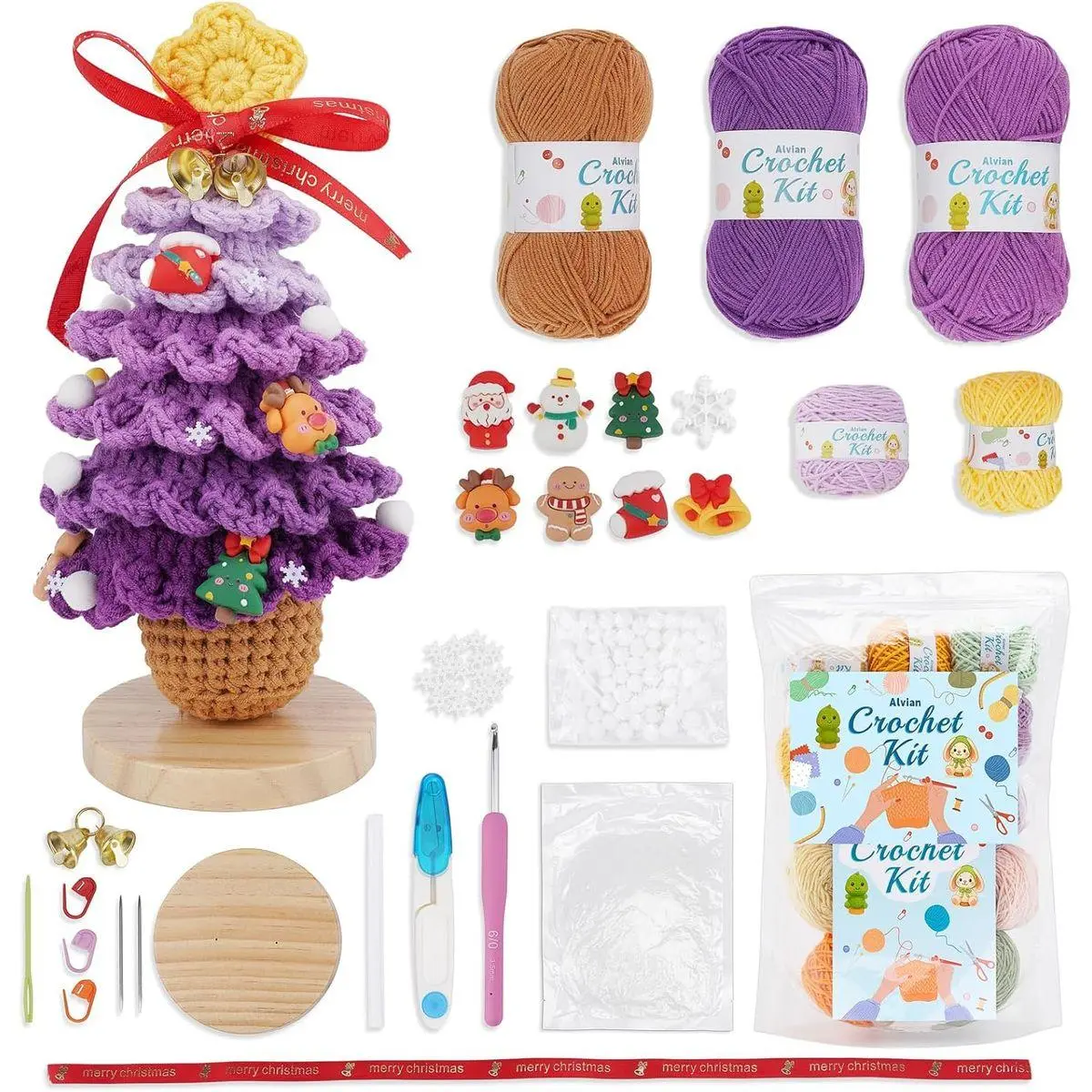 Five Colour Christmas Tree Crochet kit for Beginners Crochet Starter Kits Craft Knitting Crocheting Kits with Step-by-Step Video Tutorials and Crochet Yarn Supplies (Purple)