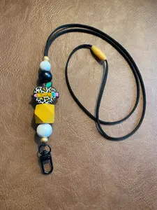 Teacher Cat Print Lanyard with Yellow Highlights