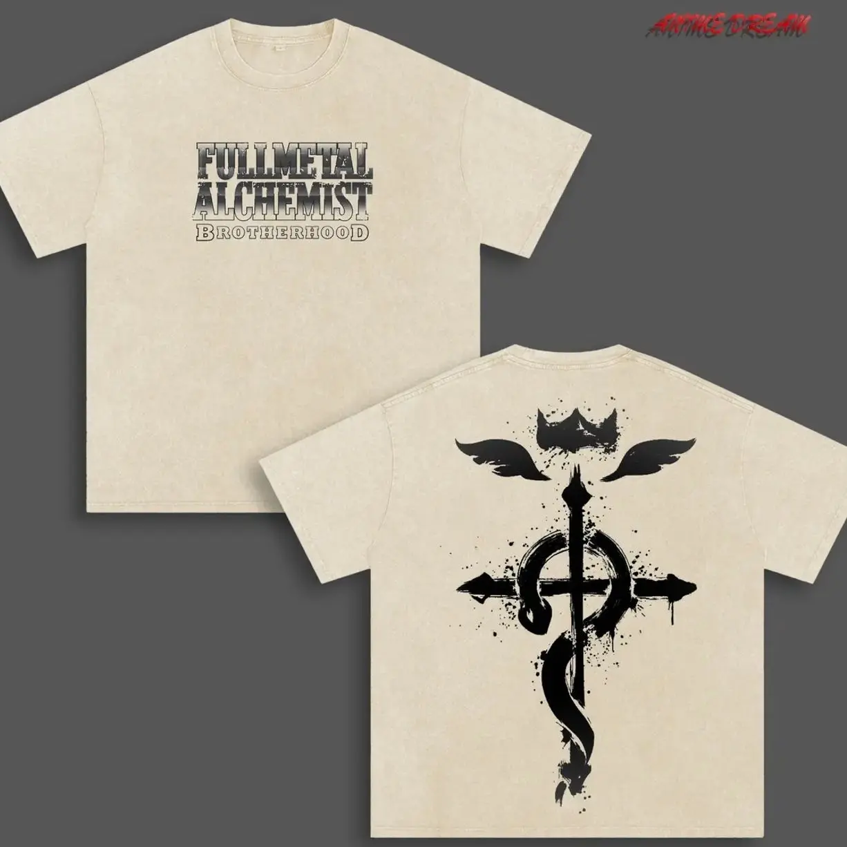 Fullmetal Alchemist Anime Double Printed Vintage Washed Tee Unisex Oversize Anime Manga Washed Heavyweight Cotton T-shirt HHR
