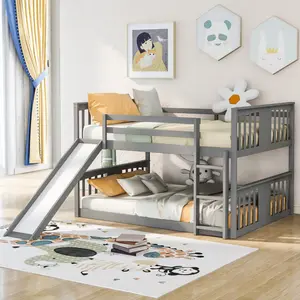 Low Bunk Bed Full Over Full Bunk Bed with Slide and Ladder, Solid Wood Bunk Bed Frame