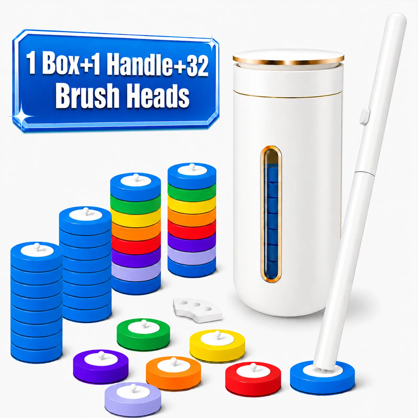 KZMYR Disposable Toilet Brush Starter Set, 32 Refills (16 Blue + 16 Rainbow), Wall-Mounted Toilet Cleaning System with Hygienic Replaceable Brush Heads, Bathroom Deep Cleaning Kit