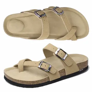 Womens Strappy Slip-On Slippers With Adjustable Buckle Comfortable Cork Footbed Slides For Sandals Outdoor