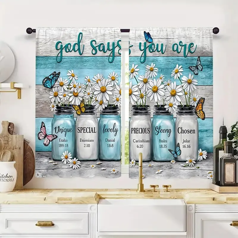 04-Bible Daisy Cafe Curtains, 2-Panel 27.5x39 in Cool Iron Rod Pocket Drapes, Blue Colorful Floral Rustic Vintage Butterfly Short Window Treatments for Kitchen Bathroom Decor