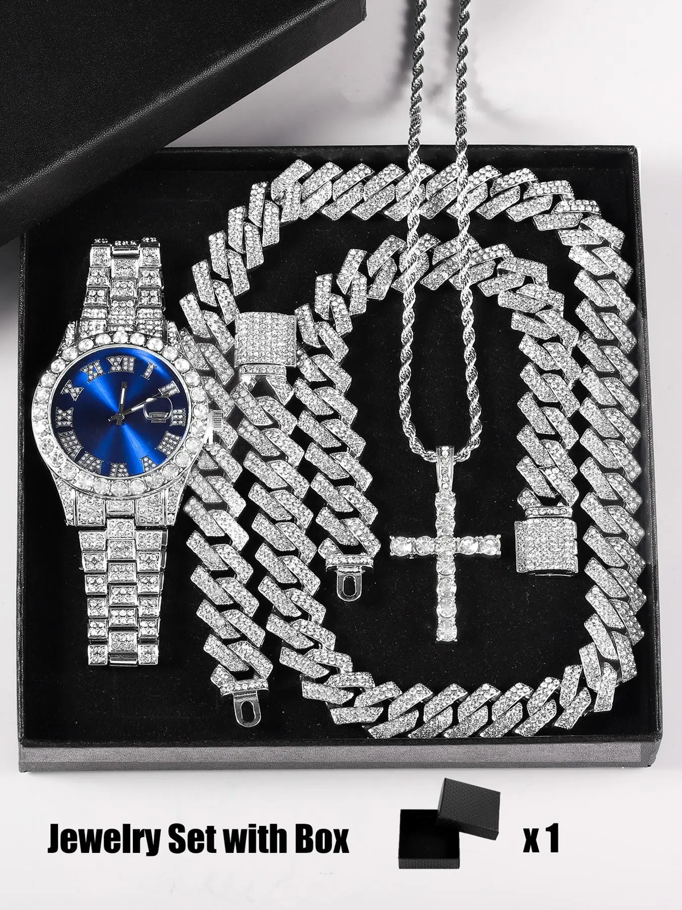 5-Piece Gift Set with Blue Dial Diamond Watch, Cuban Chain Necklace, Bracelet, Cross Pendant, Zircon Jewelry Sets for Men and Women
