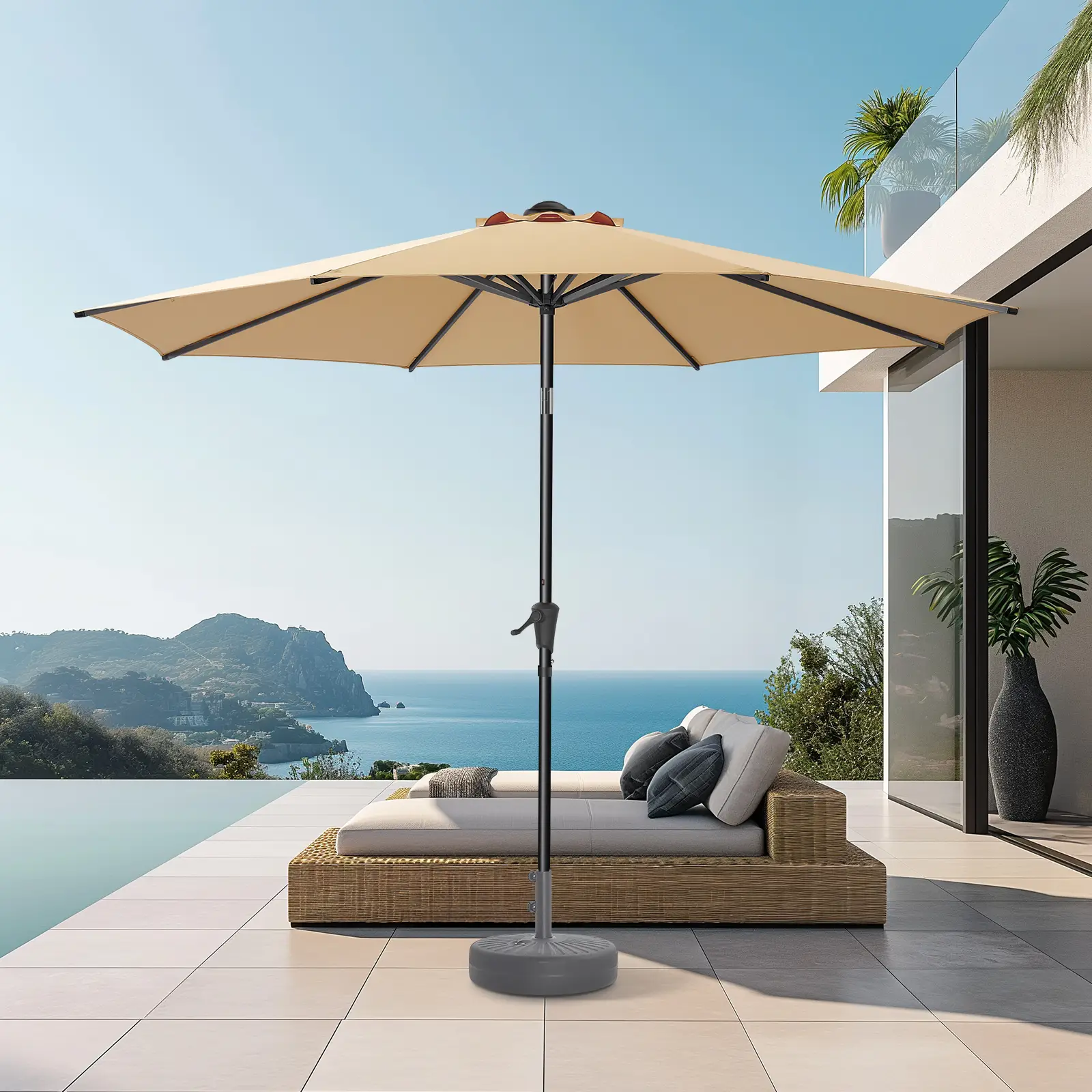 【Budget-Friendly Choice】9ft Outdoor Market Patio Umbrella UPF50+ UV Protection Offset Solar Terrace Umbrella with Tilt, Outdoor Push Button TiltCrank
