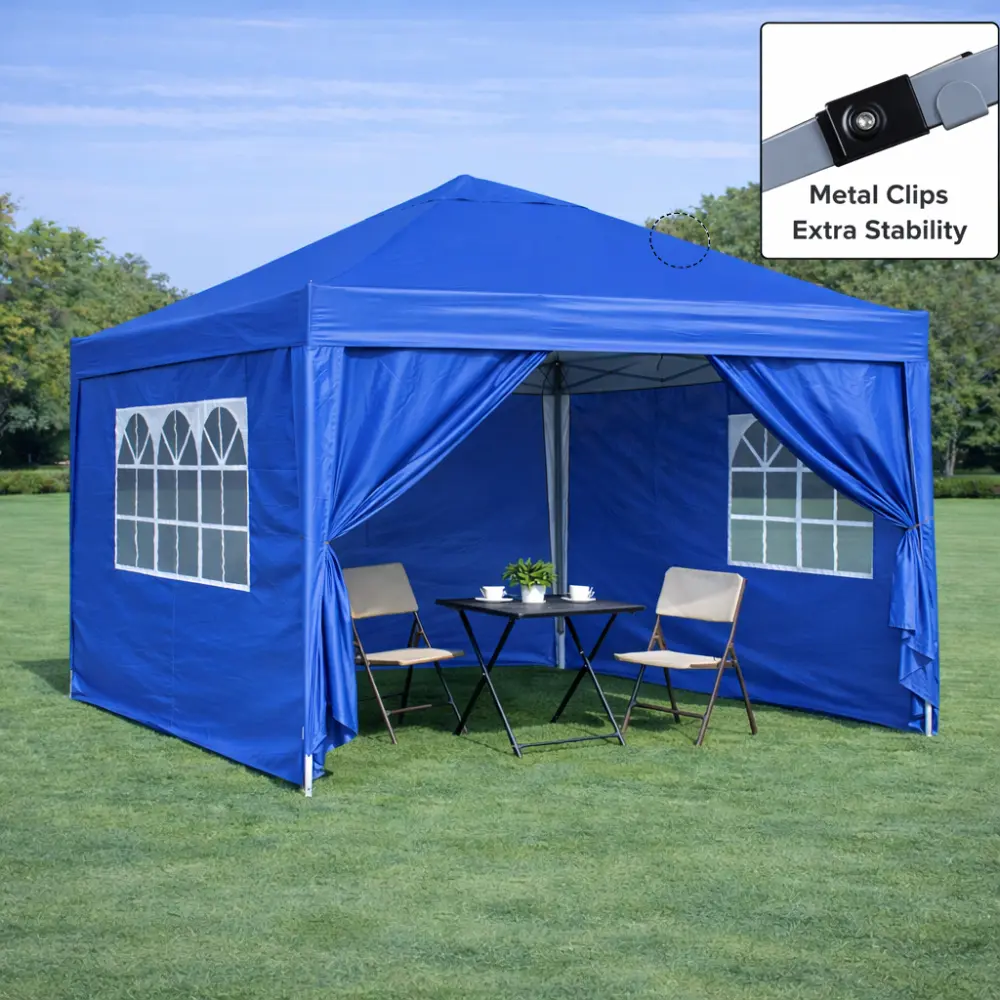 10x10Ft Square UV Resistant Pop Up Gazebo Canopy Tent with Aluminum Frame, Easy Setup, Removable Zippered Sidewalls (2 with Window Panels), 4 Sand Anchors, Weight Sand Bags, Carry Bag - Blue, Fits 7-8 People