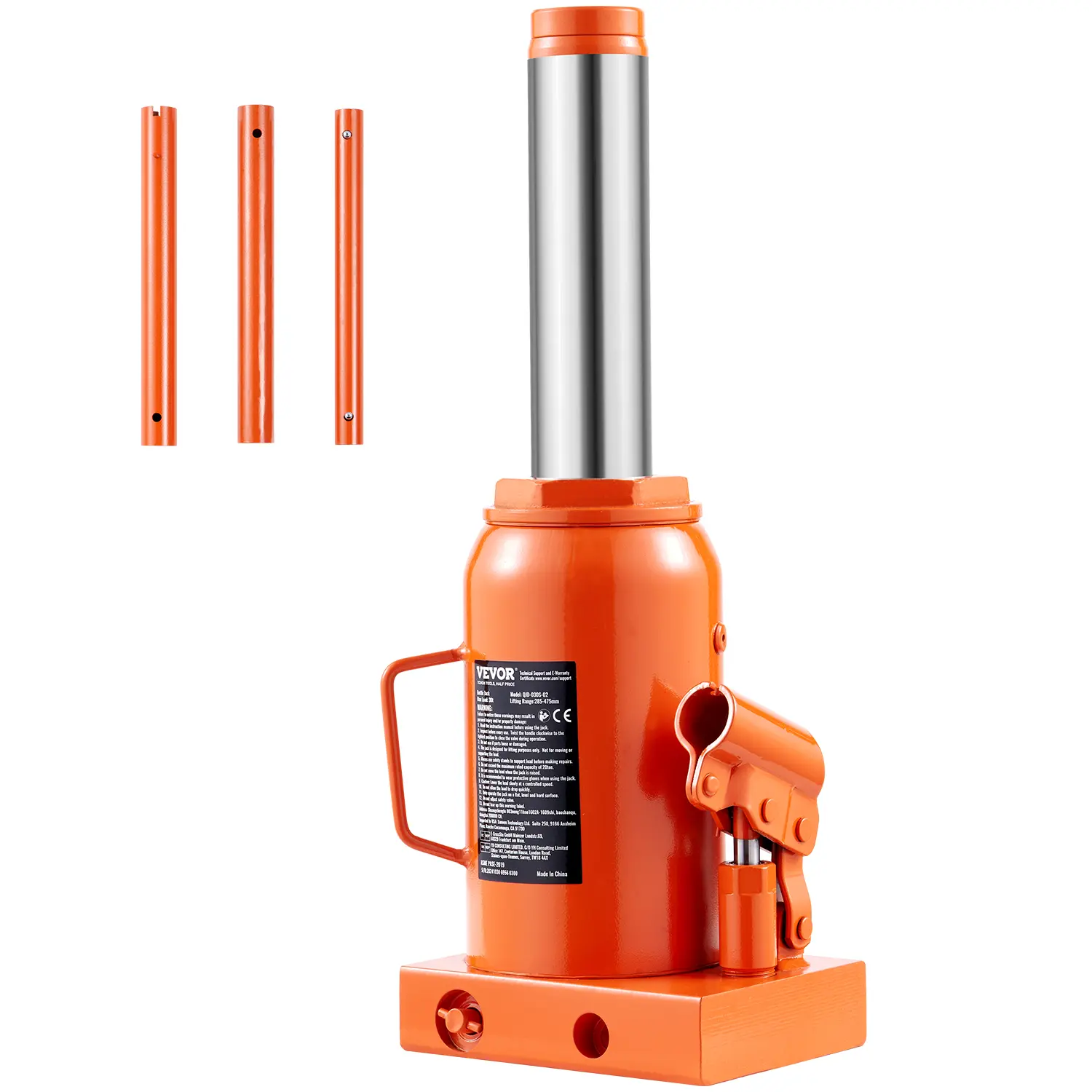 VEVOR 30-Ton Industrial Hydraulic Bottle Jack, 66138 lbs Capacity, 11.22-18.66 in Adjustable Height, 3-Section Long Handle, Leak-Proof, Overload Protection, for Auto Repair, Pickups/Trucks