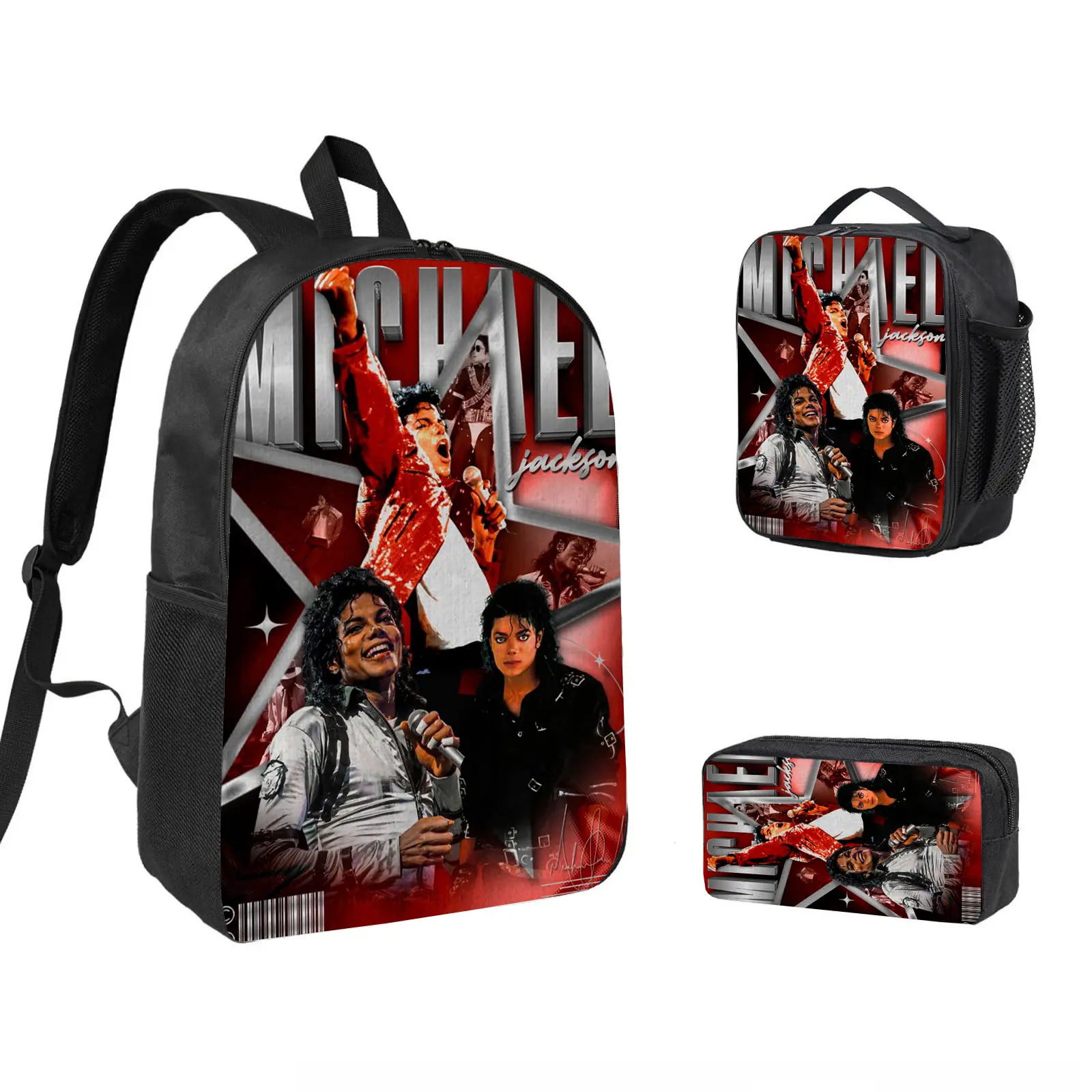 michael jackson 3 PCS Backpack Set, Durable School Bookbag with Insulated Lunch Bag & Pencil Case for Teens Boys Girls, Comfortable Travel Daypack Gift for Fans d-282