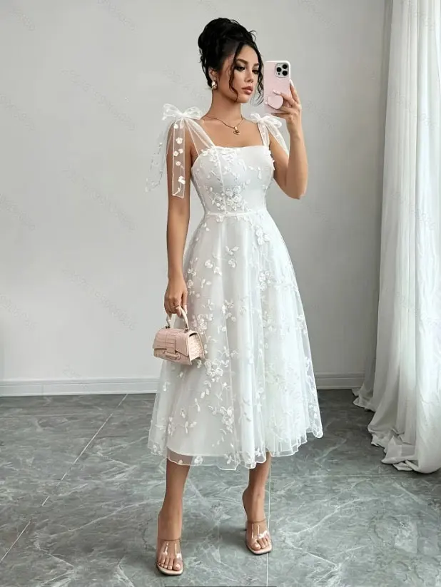 Women's Elegant Mesh Embroidery Midi Dress - Lightweight, Comfortable Summer Womens Dresses with Adjustable Tie Waist , Please ask for pictures before placing order to avoid refund/ refund