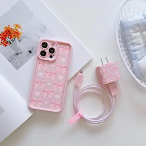 6-Piece Set High Bamboo Creative Bow & Bubble Heart Pattern Phone Case Charger Head Cover + Cable Protector + Storage Rope Accessories