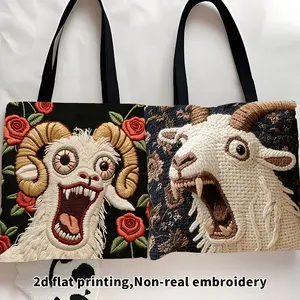 1/2pcs  2d flat printing Embroidered Goat Tote Bag, Textured Animal Print Reusable Casual Shopping Bag, Gothic Horror Style Spacious Shoulder Bag with Rose Pattern for Daily Use, Grocery, Travel & Unique Gift