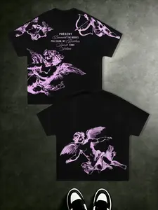Vintage Star Angel Graphic Print Men's T-Shirt, Casual Fashion Tee, Emo Style Street Fashion Casual Round Neck Short Sleeve, Comfortable and Stylish Aesthetic Design Gift, Streetwear
