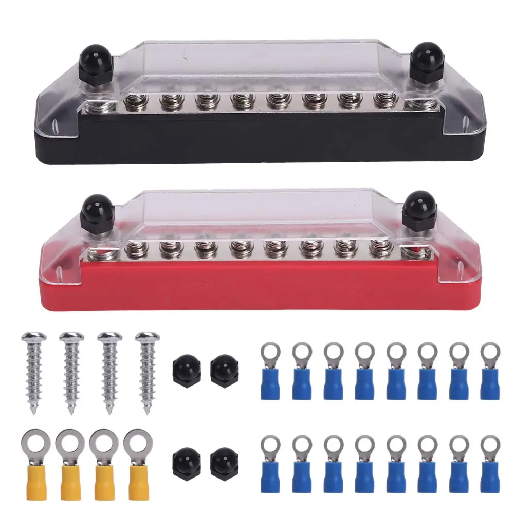 2Pcs Power Distribution Terminal Block with Cover with M6 Terminal Studs,M4 Terminal Screws,150A Battery Bus Bar for Car/Boat/Marine (Red+Black) - Home Improvement.
