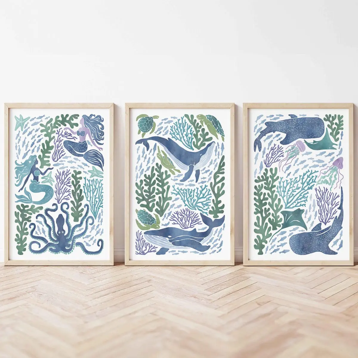 Unframed, Room Decor, Watercolor Ocean Creatures Print Whale Art Blue Green Coastal Nursery Wall Decor Underwater Art Set Kids Bedroom, Ocean Animals Wall Art Set