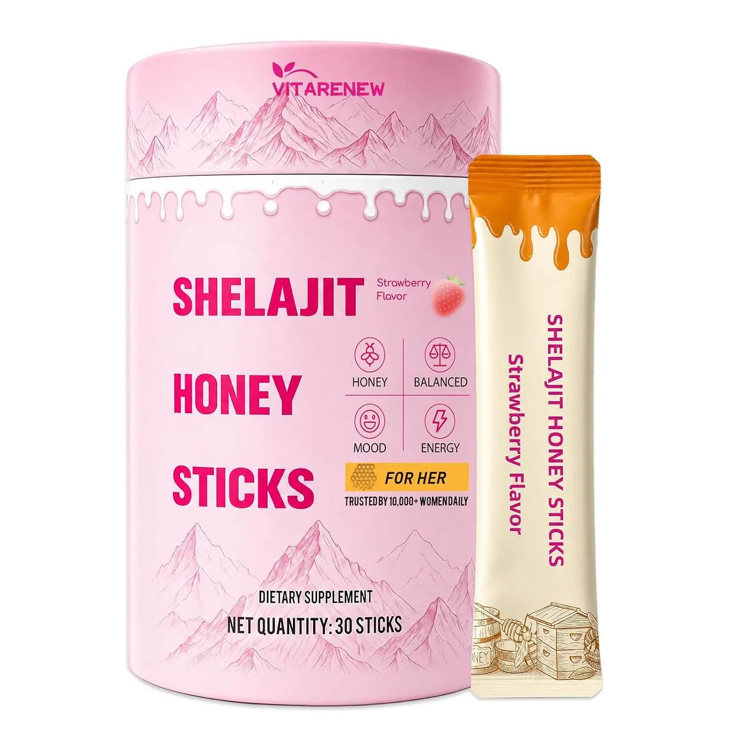 Premium Shilajit Honey Sticks for Women, 75%+ High Potency Fulvic Acid with Shatavari & Saffron, 85+ Natural Trace Minerals Supplement, Supports Hormonal Balance, All-Day Energy, Mental Clarity & Stamina, Strawberry Flavor, 30 Count