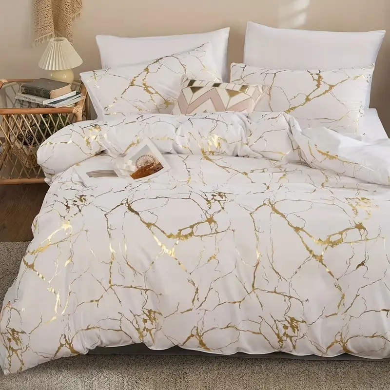 3pcs Classic Gold Texture Digital Print Modern Bedding Set (1 Sheet + 2 Pillowcases), Soft Comfortable Fabric, Suitable for Bedroom & Hotel Dorm