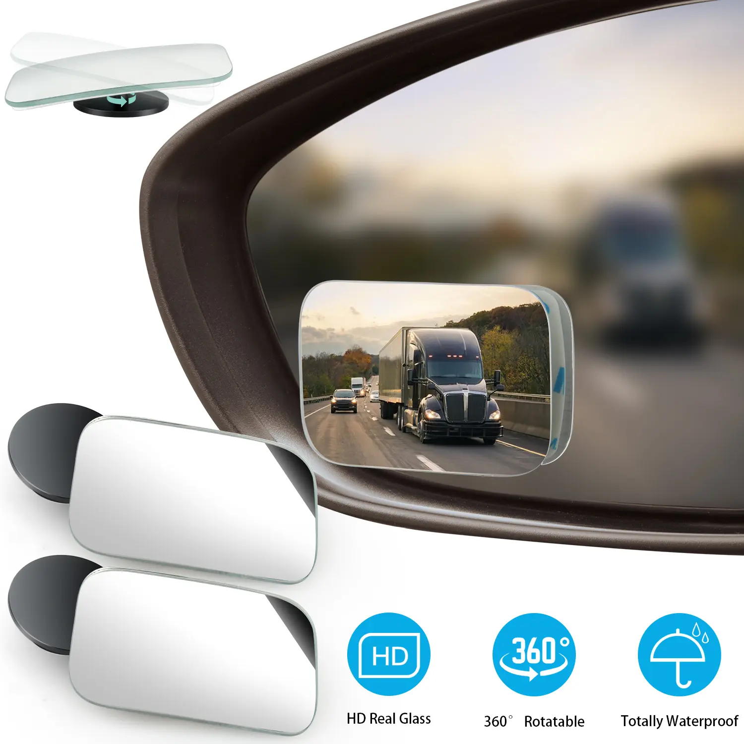 Car Blind Spot Mirror, HD Glass Convex Lens Frameless Adjustable Blind Spot Mirror for All Universal Vehicles Car Stick-on Design (2 PCS) Waterproof