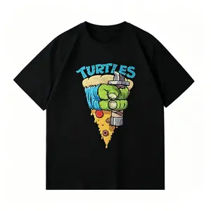 Ninja Turtle Pizza Smash T-Shirt - Retro Comic Style Graphic Tee, Fun Green Character Print Black Cotton Shirt