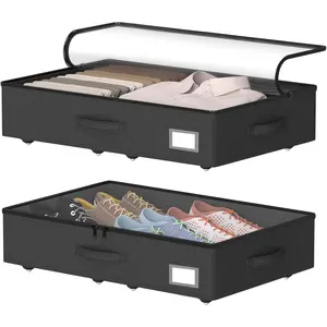 Underbed With Wheels, No Assembly Required - 5.5 Inch Black Underbed Bins, Low Rolling Shoe Containers for Dorm