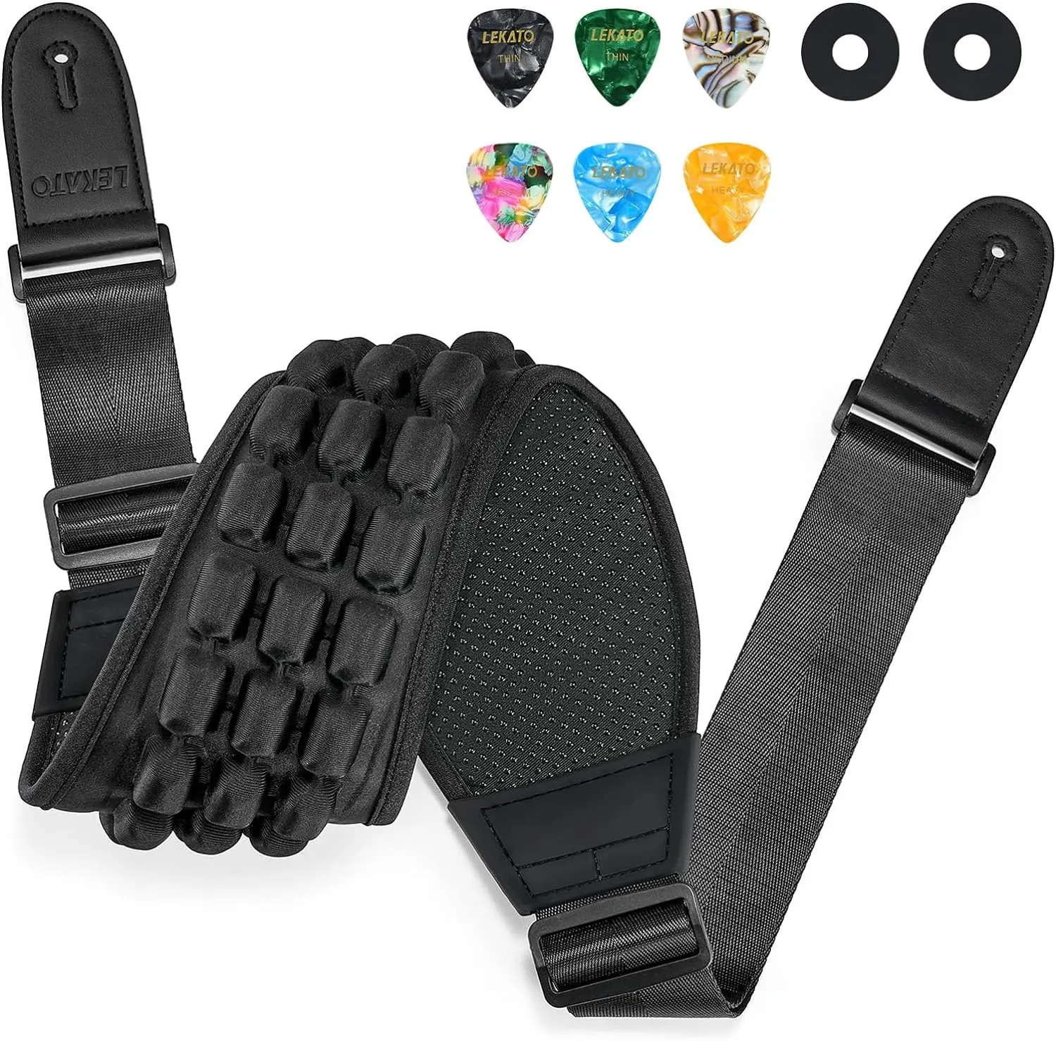 LEKATO TPU-001 Guitar Strap, for Electric Guitar Bass, with 3.5″ Wide, Air Cell Cushions Bass Strap Padded Guitar Straps with Strap Locks Picks, Adjustable Length from 47″ to 60″ Gift