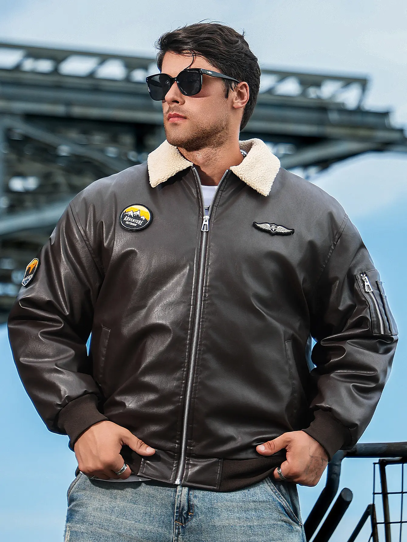 Men's vintage-style faux leather bomber jacket-windproof, warm with fleece lining, perfect forskiing, climbing & Camping utility jacket leather bomber