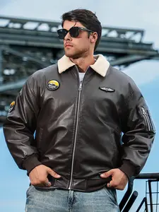 Men's vintage-style faux leather bomber jacket-windproof, warm with fleece lining, perfect forskiing, climbing & Camping utility jacket leather bomber