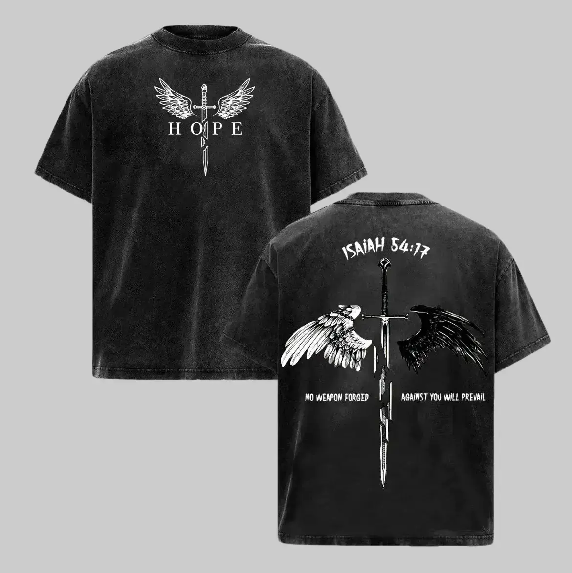 Women's Isaiah 54:17 No Weapon Formed Vintage Washed T-Shirt, Casual Short-Sleeve Round Neck Aesthetic Breathable Christian Graphic Tee with Sword & Angel Wings, Faith Streetwear Crewneck (Gym Pump Cover, Church Outfit), Shortsleeve